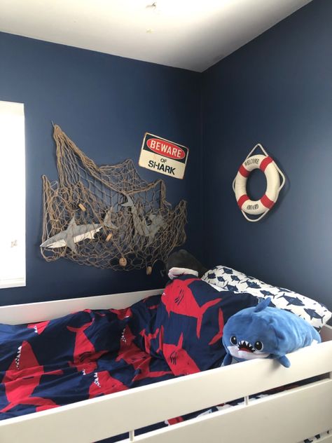 Sharks caught in fishing net Shark Furniture, Shark Bedroom Ideas For Kids, Shark Boys Room, Shark Theme Room, Shark Room Decor, Boys Bedroom Decor Toddler, Shark Themed Bedroom, Shark Bedroom, Shark Bedding