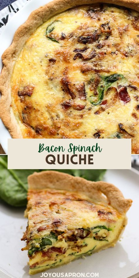 Bacon Spinach Quiche - yummy holiday brunch and breakfast for a crowd. Perfect for Christmas and Thanksgiving morning. Flaky pie crust topped with eggs, bacon, spinach, caramelized onions and cheese. So delicious! Spinach Cheddar Quiche, Bacon And Spinach Quiche, Bacon Cheese Quiche, Quiche With Spinach, Comforting Breakfast, Bacon Spinach Quiche, Bacon And Cheese Quiche, Cheese Quiche Recipe, Cheddar Quiche