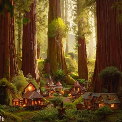 Woodland Village Fantasy Art, Wood Elf Village, Forest Village Fantasy Art, Fae Village, Fae World, Tree House Village, Woodland Village, Fantasy Woods, Elf World