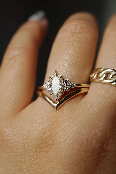 Gold Ring Marquise, Wedding Band Marquise Engagement Ring, Marquise Diamond With Wedding Band, Marquise Engagement Ring Wedding Band, Marquis Engagement Ring With Wedding Band, Wedding Bands For Marquise Diamond, Champagne Marquise Diamond Ring, Marquise Engagement Ring And Wedding Band, Marquise Gold Ring