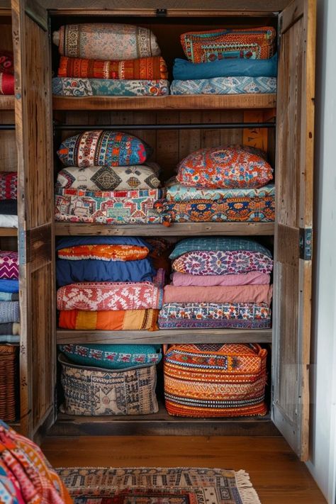 Boho Bedroom Storage, Eclectic Boho Bedroom, Bedroom Storage Ideas, Hippie House, Boho Bedroom Colorful, Painted Trunk, Boho Style Decor, Eclectic Boho, Rustic Floating Shelves