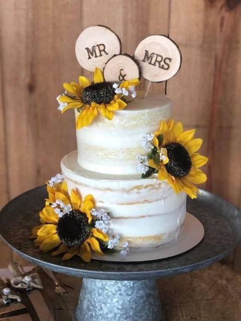 "Visit our site www.perryhillrustics.com for our full collections, sales and discounts! DESCRIPTION: This set of 3 wedding cake toppers is hand burned on natural wood slices. Each one is burned on the front or the front and back (select option from drop down menu). One has \"Mr\", another \"&\" and the last \"Mrs\". These toppers would be adorable on top of your wedding cake and would be perfect for any rustic wedding or rustic event. They would also make a great keepsake after the wedding. June Wedding Cake Ideas, Simple Sunflower Wedding Cake, Rustic Sunflower Wedding Cake, Wedding Cake Display Ideas, Sunflower Wedding Cakes, Wedding Cake Sunflower, Simple Rustic Wedding Cake, Wedding Cake Diy, Sunflower Cake Topper