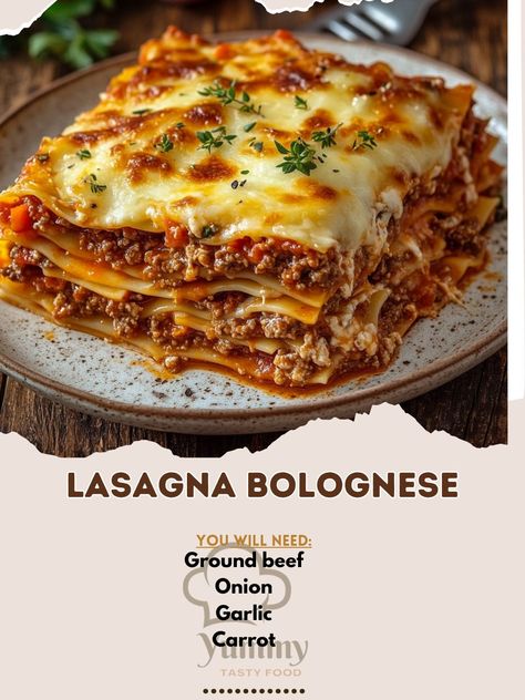 🍝🍲 Lasagna Bolognese layers rich beef sauce, creamy béchamel, and gooey cheese for the ultimate comfort food experience! 🧀🍽️ #LasagnaBolognese #ComfortFood Lasagna Bolognese Ingredients: Ground beef (500g) Onion (1, diced) Garlic (3 cloves, minced) Carrot (1, grated) Celery (2 stalks, diced) Tomato paste (2 tbsp) Canned tomatoes (1 can, 400g) Béchamel sauce (2 cups) Lasagna noodles (12 sheets) Mozzarella cheese (2 cups, shredded) Parmesan cheese (1 cup, grated) Olive oil (2 tbsp) Salt and ... Lasagna Recipe With Bechamel Sauce, Lasagna Bolognese Recipe Bechamel Sauce, Bachemelle Sauce Lasagna, Lasagna With Bechamel Sauce, Lasagna Bolognese, Smitten Kitchen Lasagna Bolognese, Béchamel Sauce, Beef Sauce, Lasagna Noodles