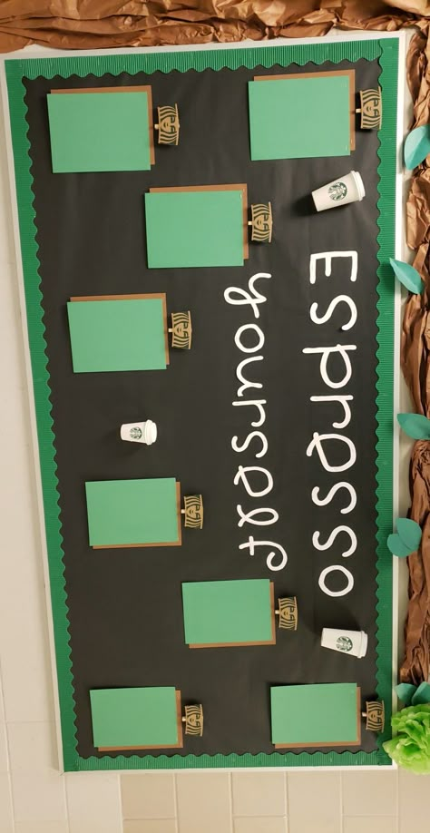 Coffee Shop Classroom Decor, Starbucks Bulletin Board Ideas, Starbooks Classroom Transformation, Classroom Cafe Theme, Starbooks Classroom Theme, Starbuck Mode Classroom, Cafe Classroom Theme, Coffee Classroom Theme, Coffee Theme Classroom