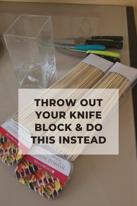 Looking for a cute way to store your kitchen knives on the countertop? This bugdet friendly and simple idea will have your kitchen knives stored glamourously in no time! #diy #knives #storae #knifestorage #diystorage #diyhomedecor #diy Storing Knives In Kitchen, No Backsplash Kitchen Ideas, Diy Knife Storage, Kitchen Knife Storage Ideas, Diy Rustic Kitchen, Organizing Things, Kitchen Knife Storage, Unusual Lighting, Knife Skills