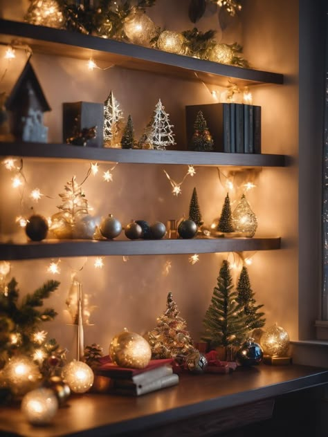 Christmas Decor On Shelf, Shelf Decor Ideas Aesthetic, Christmas Shelving Decor, Christmas Decor Ideas Shelves, Bookshelves Christmas Decor, Christmas Decor Ideas For Living Room Shelves, Fairy Lights Bookshelf, Twinkle Lights Aesthetic, Elegant Christmas Decor Ideas For Living Room