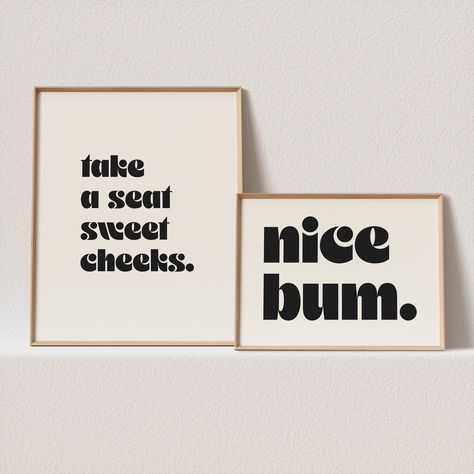 gallery wall set of 2 retro posters "take a seat sweet cheeks + nice bum." A must have for your bathroom gallery wall | DIGITAL DOWNLOAD Apartment Crafts, Bathroom Gallery Wall, Bathroom Posters, Bathroom Gallery, Retro Posters, Apartment Makeover, Art Printables, Sweet Cheeks, Dreamy Art