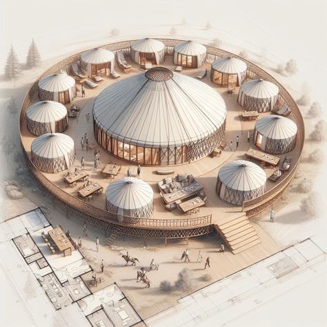 Yurt designs for large families. Explore modern yurt design ideas because these eco-friendly structures marry traditional craftsmanship with contemporary aesthetics, offering an unexpected solution to sustainable living. Connected Yurts, Modern Yurt, Yurt Design, Yurt Interior, Concept Board Architecture, Arabian Tent, Mongolian Yurt, Small Wind Turbine, Yurt Home