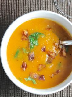 Sweet Potato Soup with Bacon #SundaySupper Soup Recipes With Bacon, Soup Bacon, Potato Soup With Bacon, Savory Bacon, Paleo Soups, Soup With Bacon, Potato Bacon Soup, Sweet Potato Soup Recipes, Soups Recipes