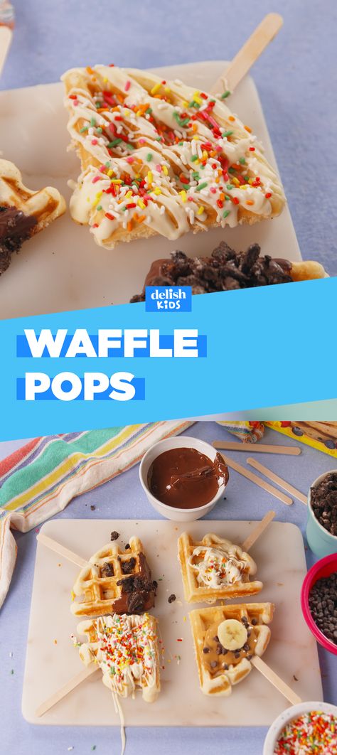 Waffle Pops make any other breakfast seem SO boring. Get the recipe at Delish.com. #waffle #pops #breakfast #dessert #brunch #kids #kidfriendly #chocolate #oreo #peanutbutter #banana Oreo Waffle Pops, Waffle Pops, Brunch Foods, Waffle Maker Recipes, Waffle Bar, Kid Snacks, Chocolate Oreo, Homemade Waffles, Break Fast