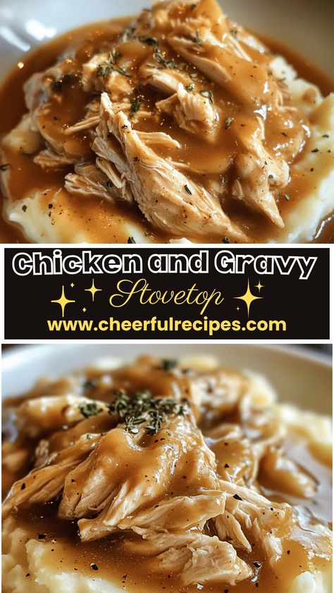 ✨ Comfort food just got a glow-up! ✨ Juicy shredded chicken drenched in rich, savory gravy, all piled high on creamy mashed potatoes... is your mouth watering yet? 🤤 This stovetop recipe is easy, cozy, and ready to win over your dinner table!  Pin it now, thank me later. 😉👇  #EasyDinnerRecipes #ComfortFoodCravings #ChickenAndGravy #WeeknightMeals #FamilyDinnerIdeas #OnePotRecipes Homestyle Chicken Recipes, Creamy Chicken Gravy Over Mashed Potatoes, Fried Chicken With Gravy Recipes, Cincy Shopper Recipes, Au Jus Chicken Recipe, Homestyle Chicken And Gravy, Best Chicken And Gravy Recipe, Chicken Thigh Recipes With Gravy, Healthy Chicken Gravy Recipe