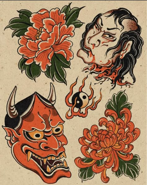 Japanese Tebori Tattoo, American Traditional Tattoos Unique, Japanese Flash Tattoo Design, Japanese Flash Sheet, Japanese Mask Drawing, Japanese Old School Tattoo, Old School Japanese Tattoo, Japanese Traditional Tattoo Flash, Japanese Flash Tattoo