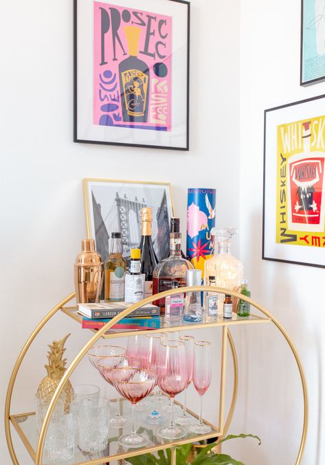 How to style a bar cart Styling Home decor interiors guide Uk Blogger Bar Cart Circle, Circle Bar Cart Styling, Colorful Bar Cart Styling, Bar Cart Inspo Vintage, Maximalist Bar Cart, Circle Bar Cart, Drink Cart Ideas, Bar Trolley Styling, Bar Cart Inspo