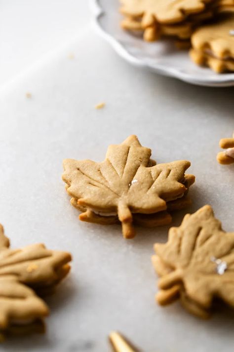 Easy and delicious maple leaf cookies, inspired by Canadian maple cookies filled with maple buttercream and simply decorated with edible gold. A wonderful treat for the fall season and for upcoming fall gatherings. Dairy free option included. Maple Leaf Cookies, Maple Buttercream, Maple Cookies, Leaf Cookies, Fall Gathering, Edible Gold, Canadian Maple, Fall Mood, Dairy Free Options