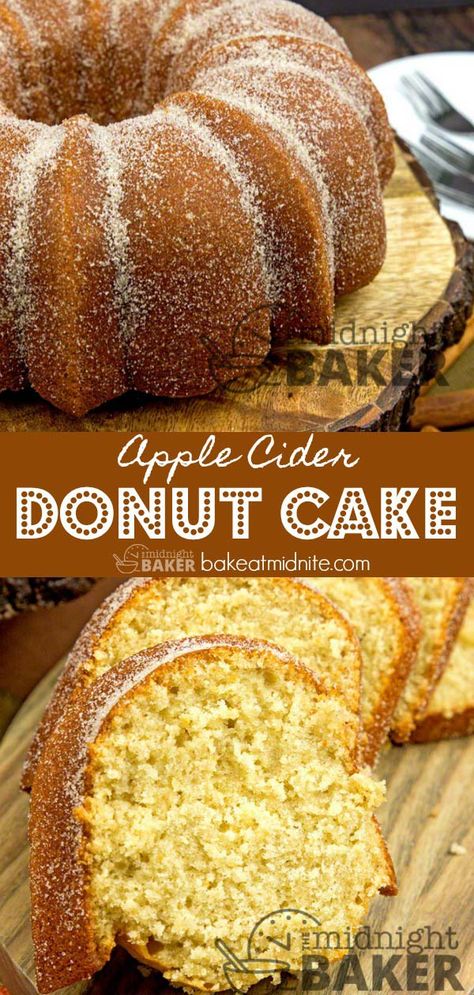 Apple cider donuts are a fall treat. Now you can have the same taste in a cake! Apple Donut Bundt Cake, Fall Foods And Desserts, Pumpkin Donut Bundt Cake, Fall Deserts Autumn, September Treats, Cakes For Fall, Fall Baked Goods, Apple Cider Donut Cake, Cider Donut Cake