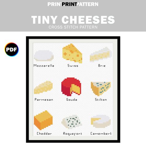 Tiny Cheeses Cross Stitch Pattern, gouda, swiss cheese, mozzarella, parmesan, brie, cheddar, camembert, stilton, modern cross stitch, pdf https://etsy.me/30U8AHb Cheese Cross Stitch, Cheese Embroidery, Tiny Cross Stitch Patterns Minis, Cheese Night, Cheese Mozzarella, Tiny Cross Stitch, Subversive Cross Stitch, Mini Cross Stitch, Cross Stitch Samplers