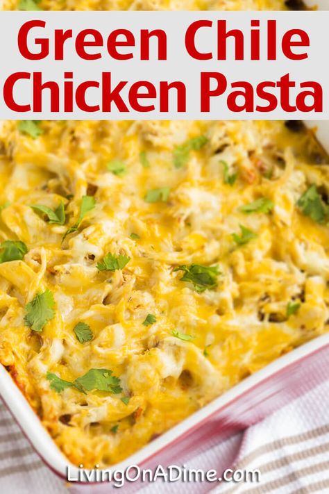 This Green Chili Chicken Pasta Recipe is a delicious and easy Mexican themed dish. It’s an easy casserole with a different twist from a typical pasta dish. Mexican Pasta Recipes, Living On A Dime, Family Pasta, Chili Casserole, Chili Pasta, Green Chile Recipes, Green Chili Recipes, Mexican Pasta, Green Chili Chicken