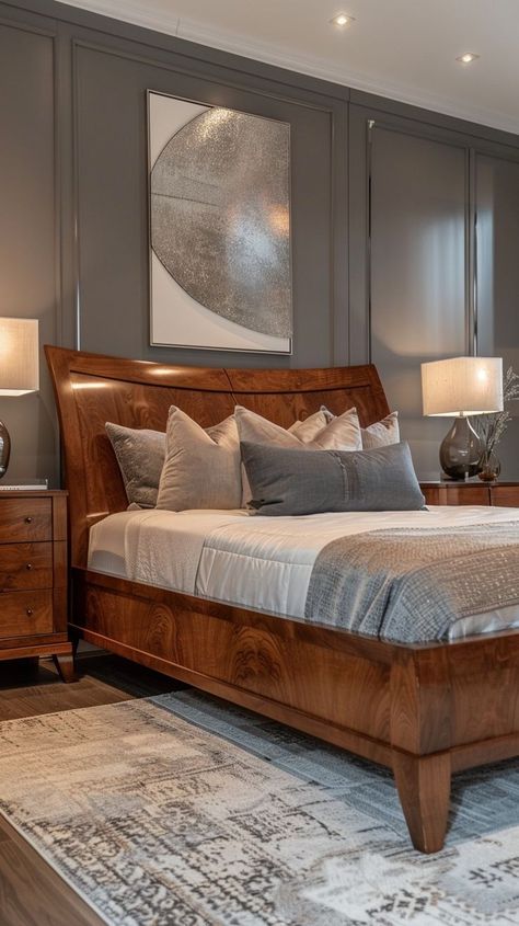 Luxurious wooden bed with plush pillows and chic duvet in a beautifully decorated grey bedroom, showcasing modern design and elegant decor. Comfort Artwork, Bed Room Set, Designed Bedroom, Classic Furniture Living Room, Elegant Bedroom Design, Simple Bed Designs, Fall Bedroom Ideas, Grey Bedroom Decor, Easy Room Decor