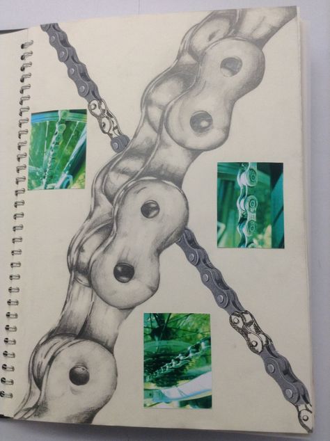 Gcse Art Recording Page, Mechanical Objects Drawing, Man Made Gcse Art, Mechanical Forms Gcse, Objects Art Gcse, Machinery Drawing, Chain Drawing, Mechanical Objects, Sketchbook Examples