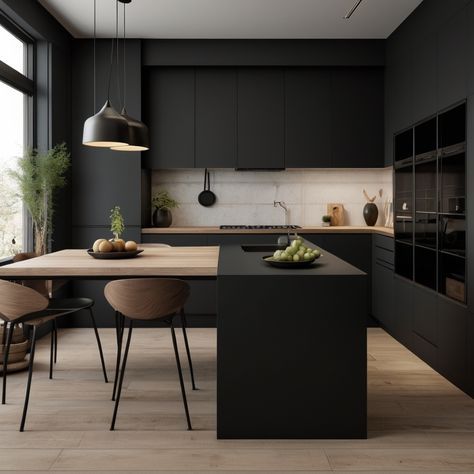 Nordic Noir Interior, Black Scandinavian Kitchen, Dark Cozy Home, Black Matt Kitchen, Black And Wood Interior Design, Black And Wood Interior, Black Kitchen Modern, Kitchen Design Dark, Matt Black Kitchen