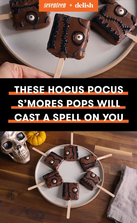 Enjoy these Hocus Pocus themed Smores treats, perfect for ANY Halloween party! Hocus Pocus Marshmallow Recipe, Hocus Pocus Smores Pops, Book Brownies Hocus Pocus, Harvest Snacks, Hocus Pocus Treats, Brownie Hocus Pocus Book, Hocus Pocus Book Brownies, Hocus Locus Deserts, Dinner Butternut Squash