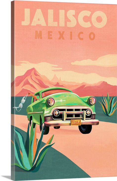 Stretched Canvas Print entitled Travel Poster Jalisco.  Multiple sizes available.  Primary colors within this image include Peach, Dark Forest Green, Forest Green, Plum.  Made in USA.  Satisfaction guaranteed.  Inks used are latex-based and designed to last.  Canvases have a UVB protection built in to protect against fading and moisture and are designed to last for over 100 years.  Canvases are stretched across a 1.5 inch thick wooden frame with easy-to-mount hanging hardware. Tequila Mexico, Green Plum, Whiskey Ginger, Neutral Art, Figurative Artists, Vintage Travel Poster, Green Forest, Dark Forest Green, Drawing Artist