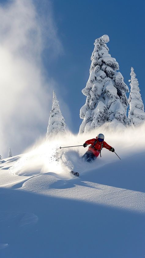 Download 'Powder Skiing Adventure' - A skier in bright red gear carves through deep powder among snow-capped alpine trees. - Get this free stock photo and more high-quality images on StockCake. No attribution required. Snow Skiing Pictures, Downhill Skiing Aesthetic, Snow Skiing Aesthetic, Alpine Skiing Aesthetic, Winter Ski Aesthetic, Ski Switzerland, Photo Ski, Skiing Photos, Ski Lifestyle