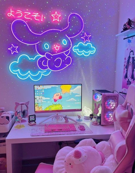 Cinnamoroll Pc Setup, Cinnamoroll Gaming Setup, Cinnamoroll Setup, Cinnamoroll Desk, Sanrio Room Decor, Gamer Ideas, Kuromi Room, Sanrio Room, Anime Bedroom Ideas