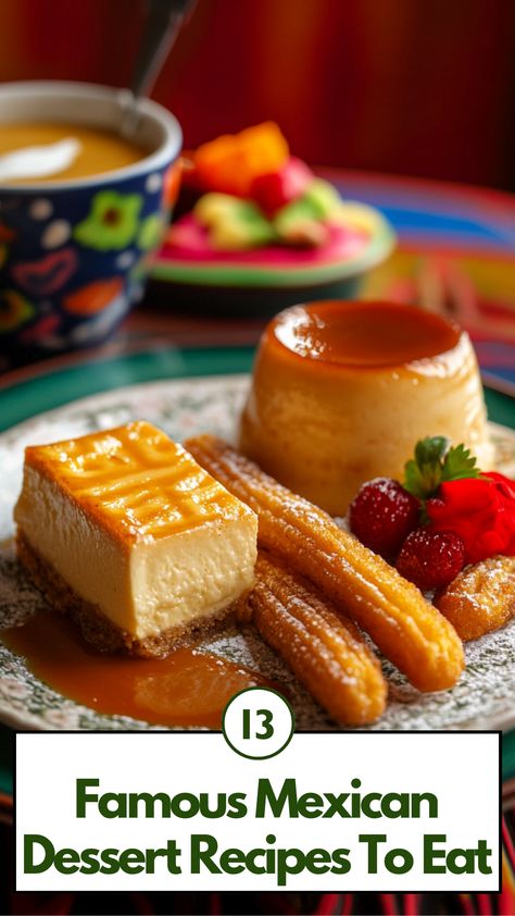 A plate of traditional Mexican desserts including churros, flan, and tres leches cake, showcasing vibrant flavors and rich textures. New Mexico Desserts, Mexican Christmas Dessert Recipes, Mexican Dessert Charcuterie Board, Mexican Food Recipes Dessert, Mexican Baked Goods, Cajeta Desserts, Mexican Tiramisu, Mexican Friendsgiving, Mexican Desserts Easy