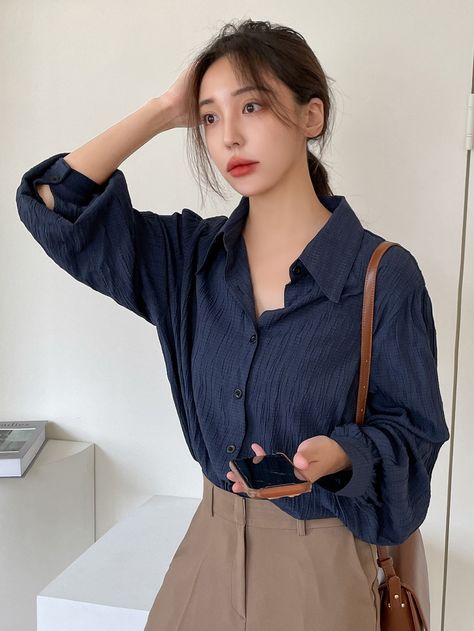 Navy Blue Casual  Long Sleeve Polyester Plain Shirt Embellished Non-Stretch Spring/Fall Women Tops, Blouses & Tee Navy Blue Shirt Outfit, Blue Shirt Women, Dark Blue Shirt, Blue Button Up Shirt, Navy Outfit, Navy Blue Shirts, Women Blouses, 가을 패션, Button Front Shirt