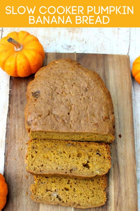 This Fall satisfy your banana bread cravings with this recipe enhanced with pumpkin purée and pumpkin pie spices! Bake it in your crockpot, it won’t heat up your kitchen and is great for busy people #slowcooker #slowcookerrecipes #bananabread #pumpkinbread #pumpkinpuree #crockpotrecipes Fall Banana Bread, Pumpkin Pie Bread Recipe, Slow Cooker Cake, Crockpot Desserts, Pumpkin Crockpot, Crock Pot Bread, Pumpkin Lasagna, Pot Cake, Slow Cooker Bread