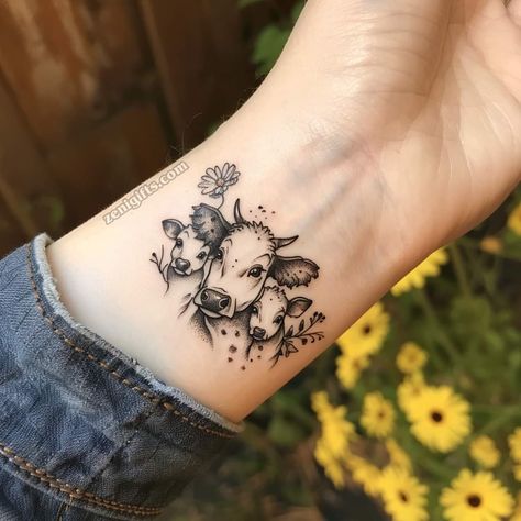 Cow Family Tattoo, Highland Calf Tattoo, Dainty Cow Tattoo, Cow And Calf Tattoo, Cowgirl Tattoo Ideas, Forearm Half Sleeve Tattoos For Women, Homestead Tattoo, Cows Tattoo, Cow Tattoos For Women