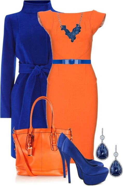 Love, love this bright bold ensemble in orange and royal blue! Blue Dress Combination, Orange Dress Outfits, Orange Outfits, Blue Dress Outfits, Blue Dress Shoes, Colour Combinations Fashion, Orange Outfit, Classy Dress Outfits, فستان سهرة