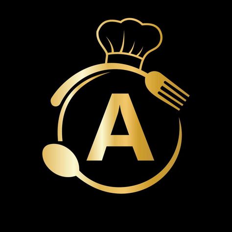 Restaurant Logo on Letter A with Chef Hat, Spoon and Fork Symbol for Kitchen Sign, Cafe Icon, Restaurant, Cooking Business Vector Organic Food Photography, Logo Design Kitchen, Cooking Business, Sewing Business Logo, Resturant Logo, Cafe Icon, Free Business Logo, Catering Logo, Cooking Logo