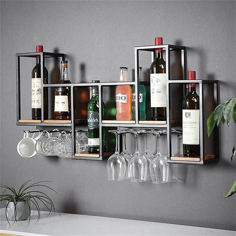 Wall Wine Rack Ideas, Bar Area Design, Restaurant Fancy, Liquor Shelves, Wall Bar Shelf, Home Mini Bar, Wall Hanging Wine Rack, Home Wine Bar, Oak Wine Rack