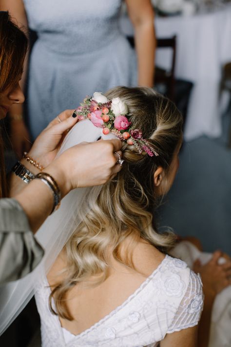 Bridal Half Up Half Down Do with Flowers | Rural Wedding in a Sailcloth Tent on Stanford Hall Estate, Northamptonshire | Rebecca Goddard Photography Bridal Half Up Half Down, Half Up Half Down Bridal, Bridal Hair Half Up, Bridal Hair Down, Wedding Hairstyles And Makeup, Rural Wedding, Half Up Wedding Hair, Wedding Hair Half, Wedding Photography Pricing