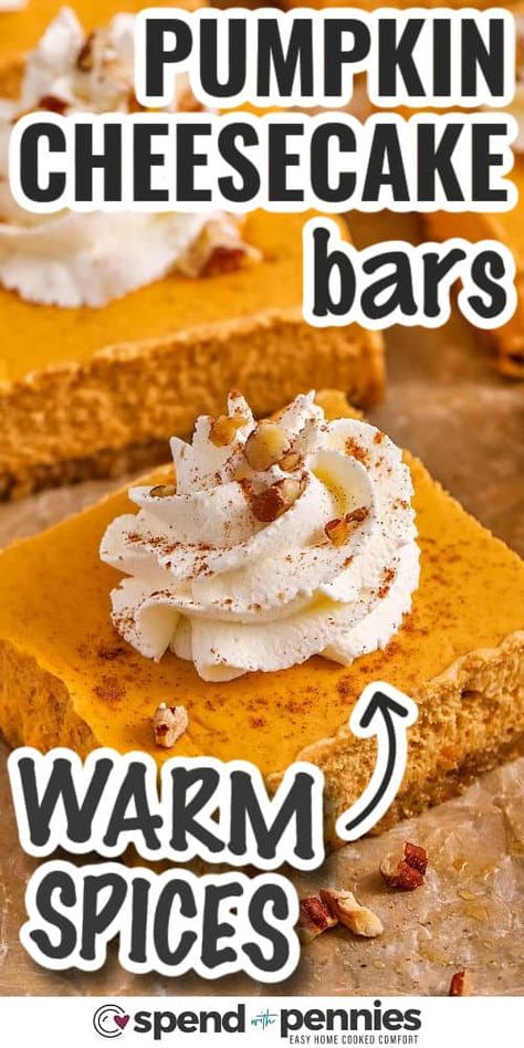 If you love fall flavors, these pumpkin cheesecake bars are a must-try! They combine creamy, spiced pumpkin filling with a luscious cheesecake layer for a dessert that’s rich, flavorful, and satisfying. Made with simple ingredients, these bars are easy to make and perfect for any gathering. Serve them up at your next get-together, and watch them disappear! You’ll want to keep this recipe in your fall baking rotation. #spendwithpennies The Best Pumpkin Desserts, Pumpkin Bar Cookies Recipes, Thanksgiving Pumpkin Desserts Easy, Fresh Pumpkin Dessert Recipes, Best Pumpkin Recipes Dessert, Best Pumpkin Dessert Recipes, Pumpkin Deserts Recipes Easy, Pumpkin Desserts With Cream Cheese, Pumpkin Desserts Healthy