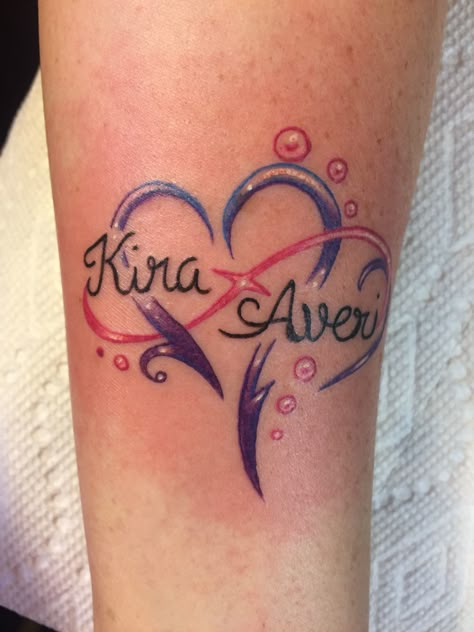 Double Heart Tattoo With Names, Tattoo With 2 Names, Children’s Name Tattoos, 2 Name Tattoo Ideas, Heart Name Tattoo, Infinity Name Tattoo, Grandmother Tattoo, Name Tattoos For Girls, Ninja Tattoo