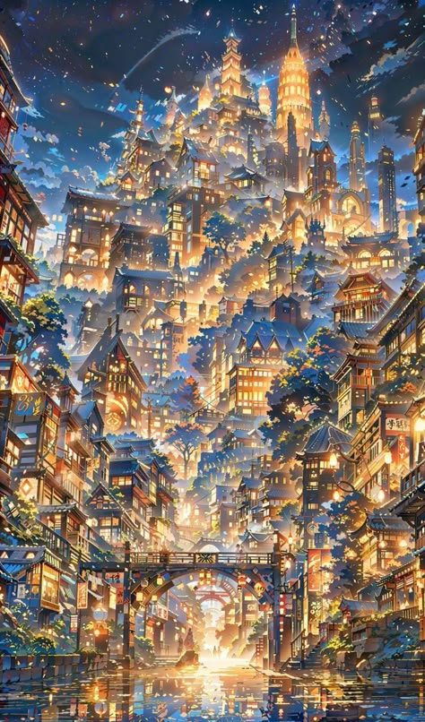 Beautiful Cities Wallpaper, Fantasy Artwork Landscape City, Anime Buildings Wallpaper, Fantasy Landscape Art Cityscapes, Fantasy Scenery Art, Cool Scenery, Attractive Wallpaper, Recreate Famous Paintings, Anime Cityscape Wallpaper