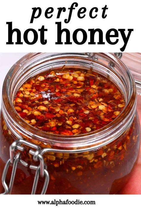 This 3-ingredient, 5-minute hot honey sauce is sweet, sticky, spicy, and perfect for drizzling and spreading over everything like pizza, cornbread, biscuits, and more! Honey Chilli Sauce, Hot Honey Sauce, Cornbread Biscuits, Hot Honey Recipe, Easy Marinades, Homemade Sauce Recipes, Hot Sauce Recipes, Salad Dressing Recipes Homemade, Homemade Condiments