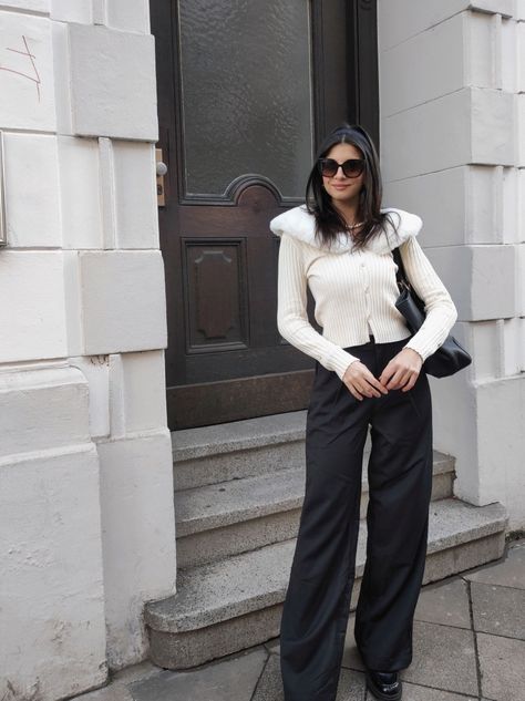 Outfit , ootd , style , coquette , preppy , white cardigan , wide leg trousers , tally Weijl , black pants , fur cardigan , outfit 2023 , winter outfit , spring outfit Fur Cardigan, White Fur, White Cardigan, Black Cardigan, Wide Leg Trousers, Spring Outfit, Black Pants, Wide Leg, Winter Outfits