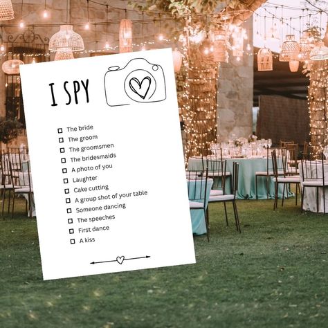 Add an element of fun to your wedding reception with this I Spy Wedding Game! Perfect for all ages, this printable activity encourages guests to capture special moments on their phones or cameras. Simply download, print, and place on your reception tables. It's a great way to break the ice and ensure your guests are entertained. Ideal for rustic, boho, or classic wedding themes. 🌿 WHAT'S INCLUDED 🌿 1 copy of the I spy template A4 size to by printed by yourself.   Digital downloads. PREMIUM PRI I Spy Wedding Game, Wedding I Spy, Spy Wedding, Spy Games For Kids, Fun Wedding Reception, Classic Wedding Themes, Kids Table Wedding, Wedding Activity, Wedding Game