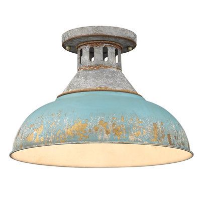 Heavily distressed to give off a weathered summer cottage vibe, this 1-light semi-flush mount directs illumination onto smaller dining tables and tighter spots in space-conscious rooms. Made from metal, it features an aged galvanized steel finish in a variety of hue options to choose from. A rounded bowl silhouette completes this vintage-inspired design. With a hanging height of 9.63", this mount is a great addition to areas with lower ceilings. Plus, it's rated for damp locations, so it's OK fo Rustic Ceiling Lights, Rustic Ceiling, Farmhouse Decorating, Golden Lighting, Semi Flush Mount Lighting, Semi Flush Mount, Flush Mount Lighting, Lamps Plus, Flush Mount Ceiling