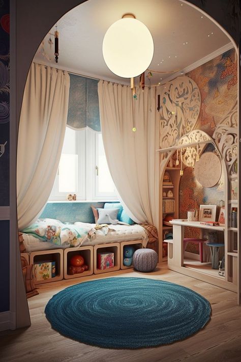 Kids room ideas-gender neutral kids room shared nursery ideas Story Book Bedroom, Fantasy Playroom Ideas, Childs Room Aesthetic, Magical Playroom Ideas, Magical Reading Nook, Fairy Tale Room Decor, Whimsical Playroom Ideas, Whimsical Reading Nook, Whimsical Home Decor Fairy Tales