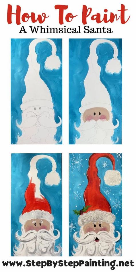 How To Paint A Jolly Whimsical Santa - Step By Step Painting On A 10 x 20 Canvas Canvas Paint Tutorial, Whimsical Santa Painting, Santa Canvas Painting Easy, Christmas Paintings Tutorials, How To Canvas Painting, Christmas Painting Tutorial Step By Step, Christmas Pictures To Paint, Easy Santa Painting, Santa Canvas Painting