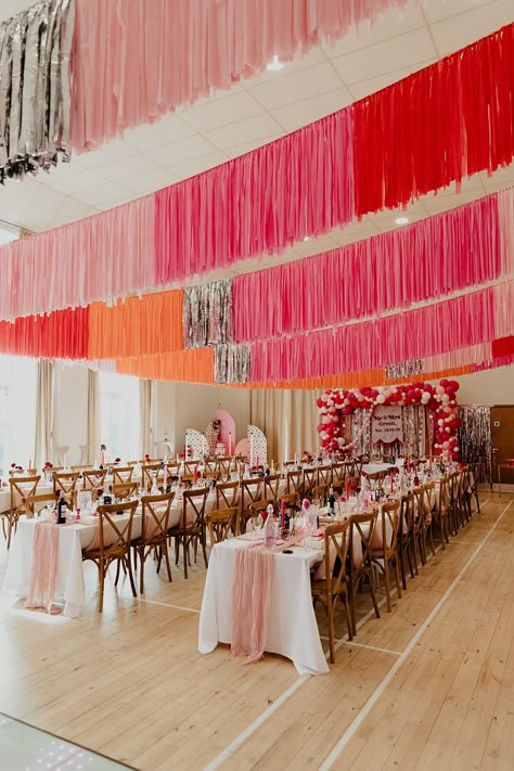 Colourful Wedding Tablescape, Pink Orange Disco Wedding, Self Serve Bar Ideas Parties, Hall Party Decorations, Ceiling Decorations For Party, Hall Wedding Decorations, Indoor Party Ideas, 70s Disco Wedding, Elopement Party Ideas