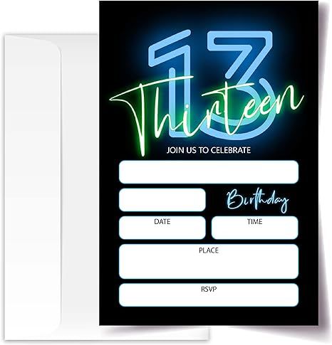 Amazon.com : ANYEMW 4x6 13th Birthday Invitations, 13th Birthday Decorations For Boys And Girls, 13th Birthday Party, Neon Glow Birthday Party Invitations, Happy 13th Birthday, 20 Cards with 20 Envelopes.(52) : Home & Kitchen 13th Birthday Invitations For Boys, 13 Birthday Invitations, Glow Birthday Party Invitations, 13th Birthday Decorations, Birthday Party Neon, Free Party Invitations, 13th Birthday Party, Birthday 20, Retro Invitation