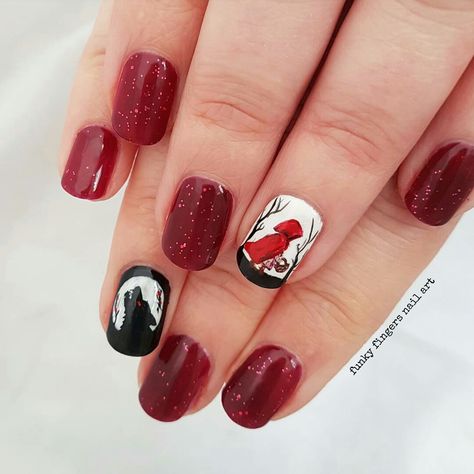 Little red riding hood nails Hood Nail Designs, Red Riding Hood Nails, Hood Nails, Funky Fingers, Spring Red, Fall Nail Art Designs, Nail Time, Goth Nails, Random Image