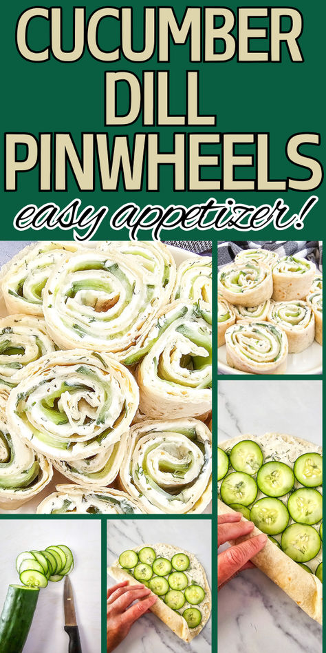 Cucumber dill pinwheel appetizers photo collage with step by step images for how to make them. Ideas For Snacks For Party, Cucumber Tortilla Roll Ups, Cucumber Boursin Appetizer, Cucumber And Cream Cheese Pinwheels, Veggie Horderves Appetizers, Cheap Healthy Appetizers For Party, Appetizer For Work Party, Veg Appetizer Recipes, Cucumber Slices Appetizers