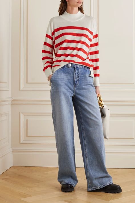 Striped Pullover Outfit, Norwegian Clothing, Striped Sweater Outfit, Pullovers Outfit, Knitwear Sweater, Striped Pullover, Pullover Outfit, Red And White Stripes, High End Fashion